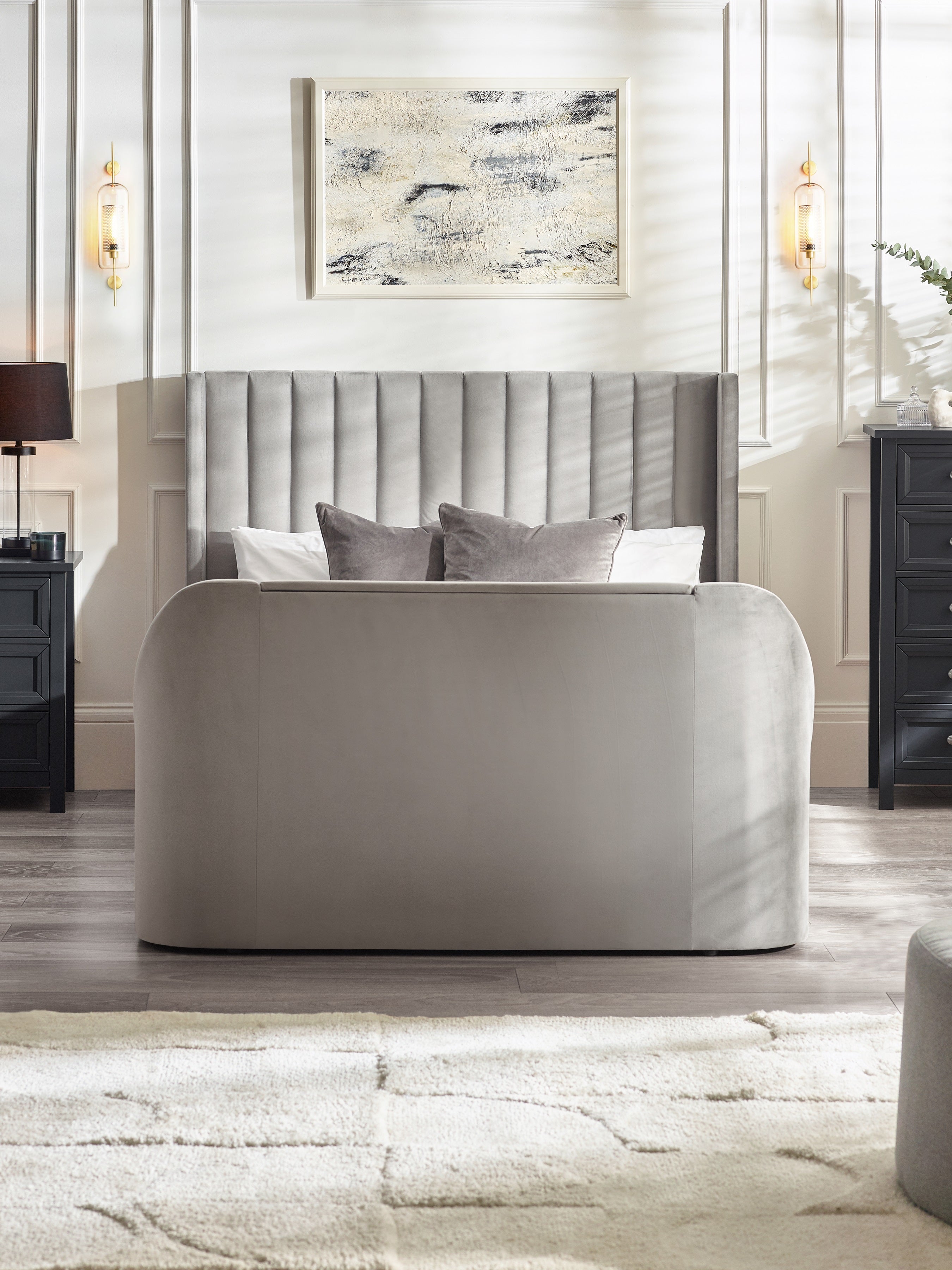 Alston Light Grey Velvet Ottoman TV Bed King